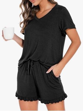 Amazon Black V-Neck Short Sleeve Pajama Set with Ruffle Hem